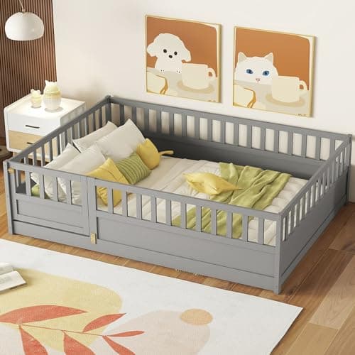 Gray Full Size Montessori Floor Bed with High Fence & Door