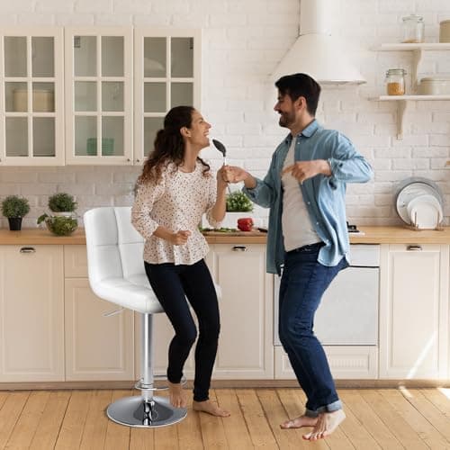 DUMOS Adjustable Swivel Bar Stools, PU Leather Seat, Thick Cushion, White