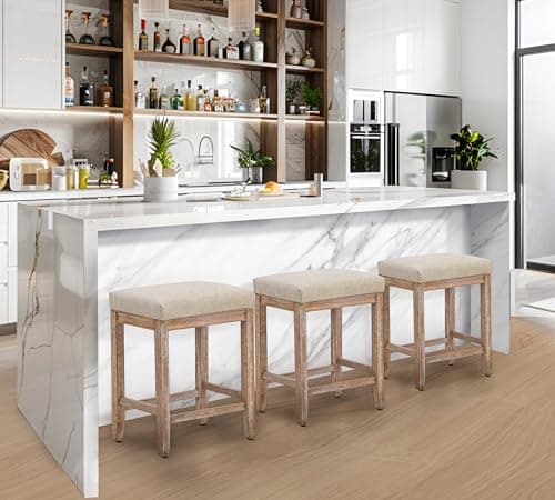 Farmhouse Modern Bar Stools Set of 3, Khaki Faux Leather 24" High