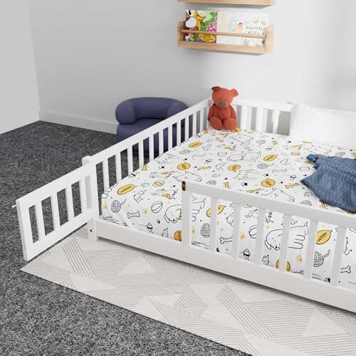 JINS&VICO Full Size Montessori Floor Bed with Door & Safety Guards, White