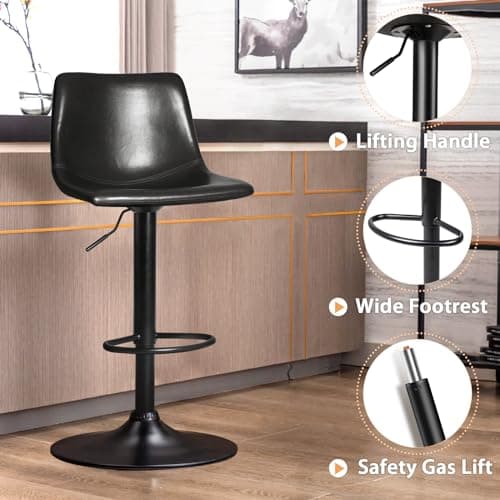 LEMBERI Set of 4 Modern Swivel Bar Stools with Backrest, Adjustable Faux Leather for Kitchen Island (Black)