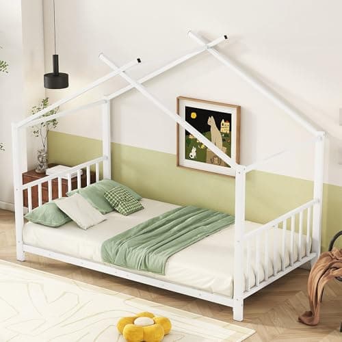 Twin Size Montessori Floor Bed with High Headboard (White)