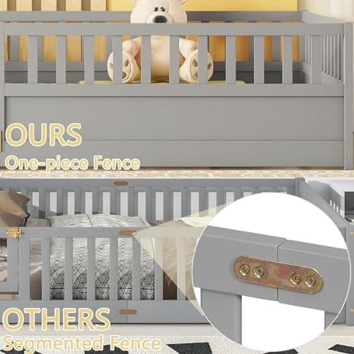 Full Size Wood Montessori Bed with High Fence & Door, No Box Spring Needed