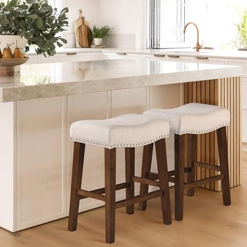 24" Modern Backless Bar Stools with Footrest & Nailhead Trim, Beige, Set of 2
