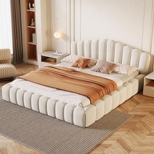 LUSPAZ Beige Queen Size Floor Bed with Shell Headboard and Vertical Seams