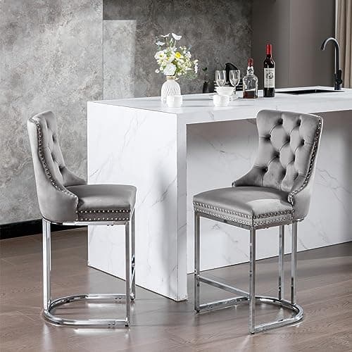 i-POOK Set of 2 Velvet Bar Stools with Metal Legs, High Back Design for Kitchen Island or Pub, Gray