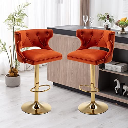 i-POOK Velvet Bar Stools Set of 2 with Nailheads Trim and Golden Footrest, Grey Color