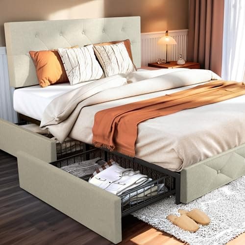 Queen Bed Frame with Headboard Storage Drawers, Mattress Foundation, Grey