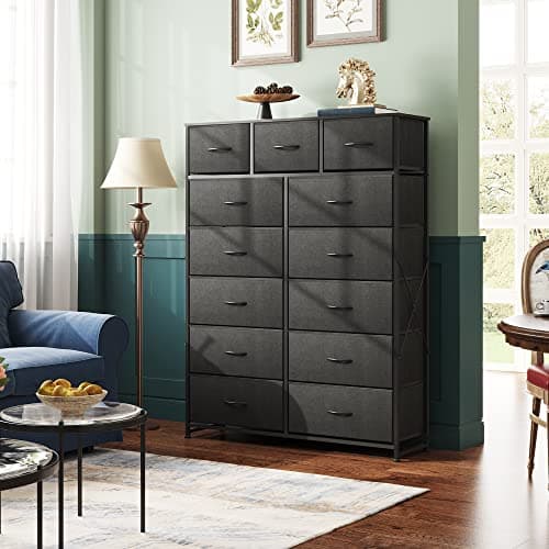Charcoal Black Tall Dresser with 13 Drawers & Fabric Bins