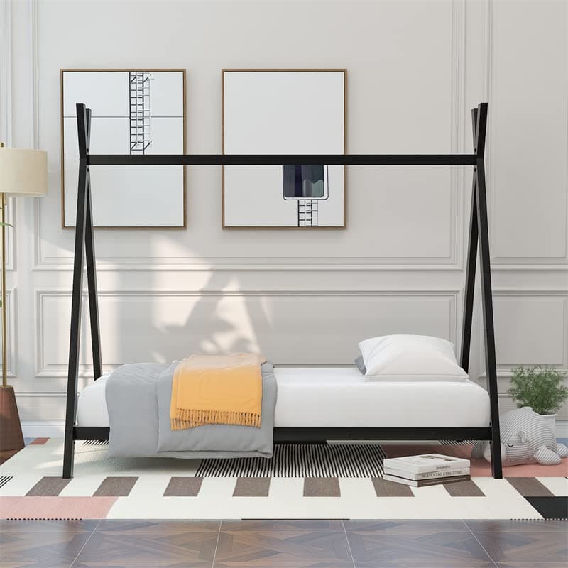 i-POOK Twin Size House Bed for Children, Metal Platform Bed Frame with Low Floor Bed Tent, Black