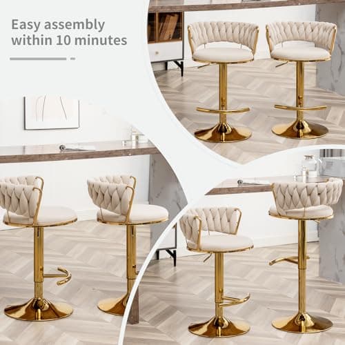 Beige Velvet Gold Bar Stools Set of 4, Counter Height, Low Back, Adjustable & Swivel