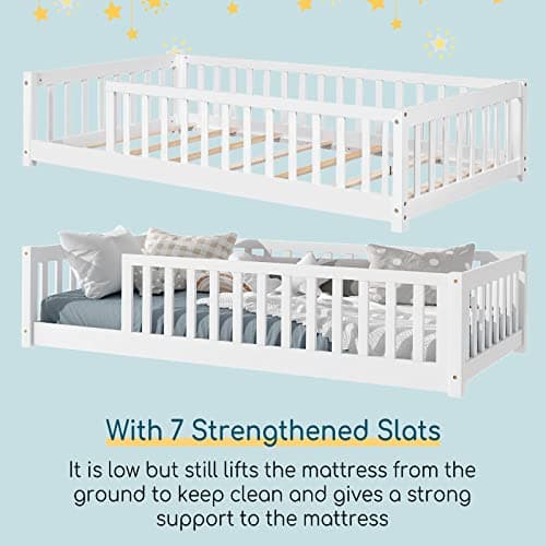 Tatub Twin Floor Bed for Kids with Safety Guardrails, Wood Frame, Twin-White