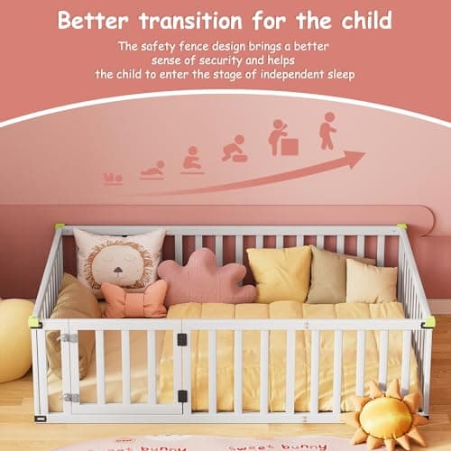 ROOMTEC Full Size Montessori Floor Bed for Kids, White Safety Bed Frame
