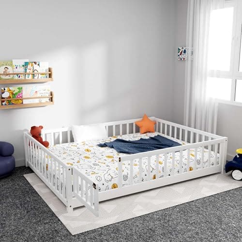 JINS&VICO Full Size Montessori Floor Bed with Door & Safety Guards, White