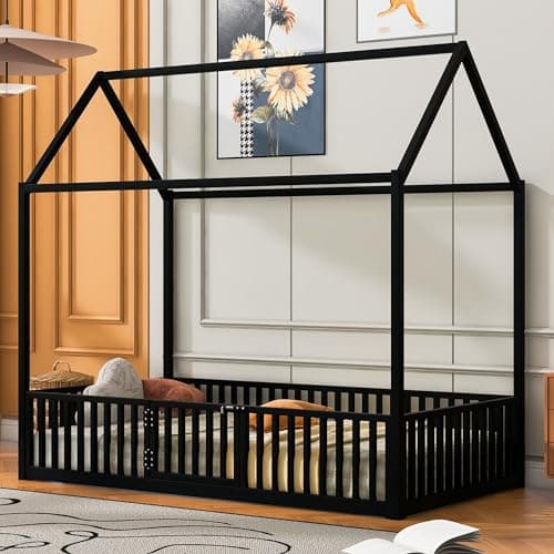 Bellemave Twin Size Metal Floor Bed for Kids, Black