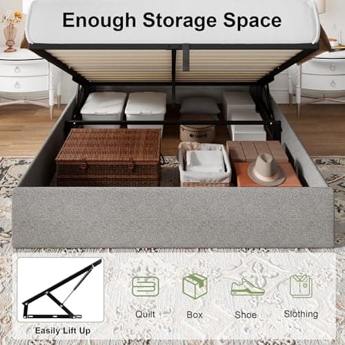 Feonase Queen Size Button Tufted Storage Bed with Charging Station, Light Gray