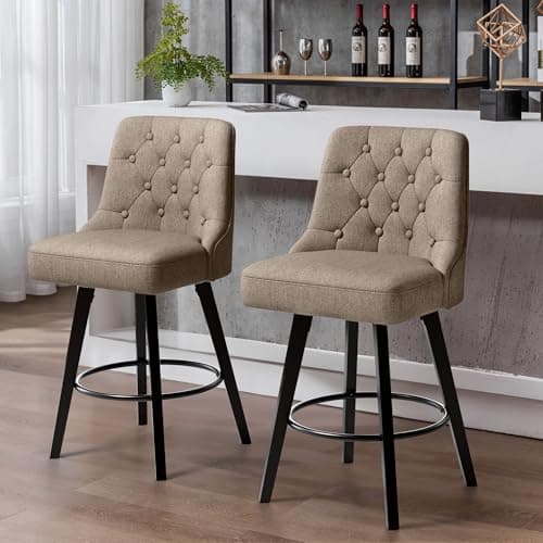 Retro Upholstered Swivel Bar Stools, 26" H, Tan Linen, 360 Rotation, Kitchen Island Chairs