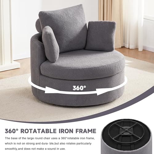 Modern Grey Swivel Chair with Half Moon Storage Ottoman & 3 Pillows for Living Room