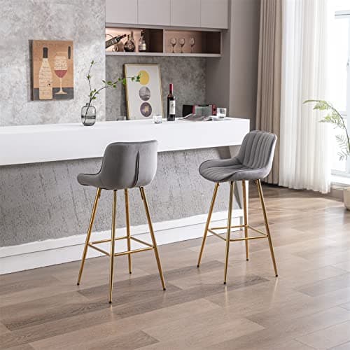 Modern Velvet Bar Stools Set with High Back and Footrest, Gray, 2 Pieces