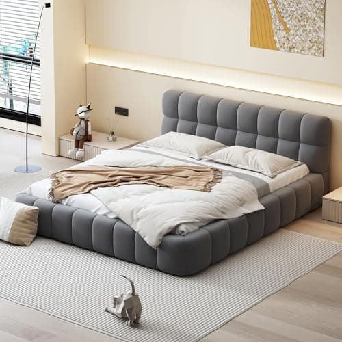 Modern Tufted Queen Platform Bed Frame - Gray Linen Wingback Style