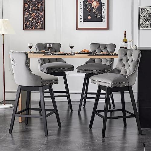 Premium Velvet Upholstered 360 Swivel Bar Stools, Counter Height, Grey, Solid Wood Legs, 30" Seat (Set of 4)