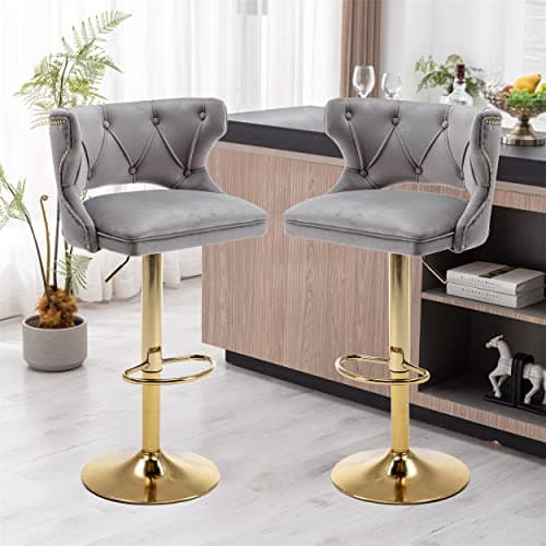 Adjustable Velvet Swivel Bar Stools Set of 2, Beige