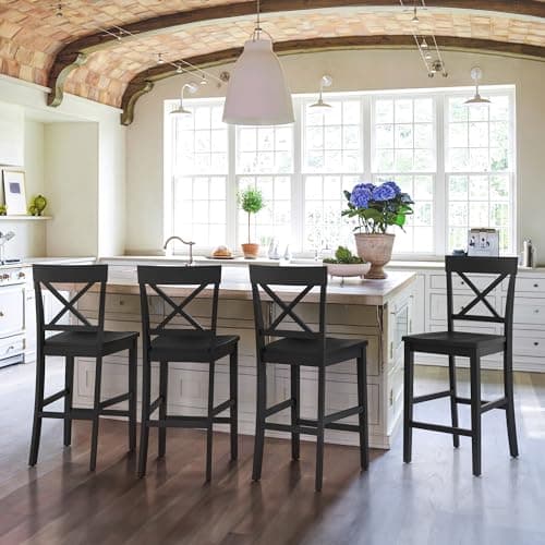 24" Black X-Back Wooden Counter Stools with Footrest for Kitchen Island