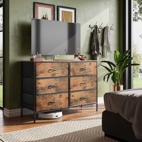 Rustic Brown Wood Grain Dresser with 6 Drawers and TV Stand for 50 TV