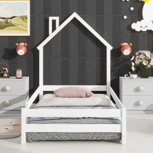 Montessori Twin Wooden Floor Bed with House-Shaped Headboard and Fence Guardrails, White
