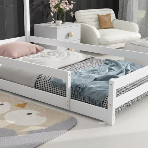 Montessori Twin Wooden Floor Bed with House-Shaped Headboard and Fence Guardrails, White