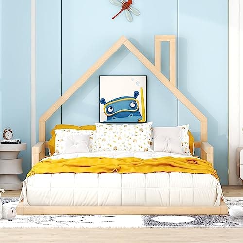 MERITLINE Twin Montessori Floor Bed with House-Shaped Headboard (Natural)