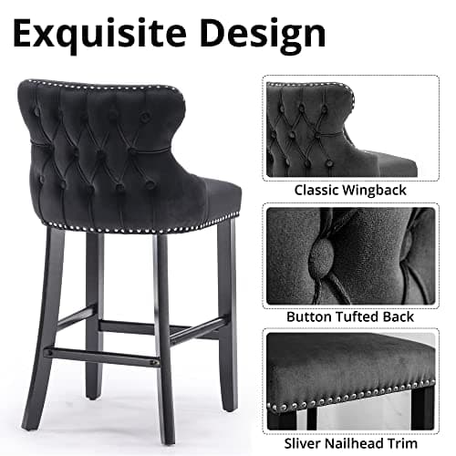 i-POOK Set of 2 Velvet Bar Stools with Solid Wood Legs - Black Wing-Back Design for Kitchen Island or Dining Room