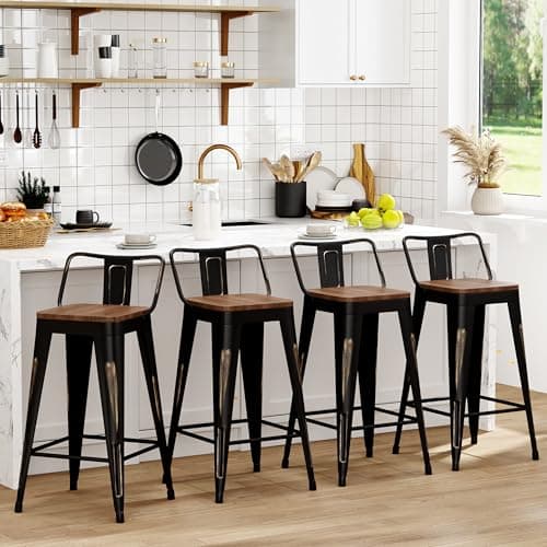 WENTMENT Black Wood Seat Counter Height Bar Stool Set of 4