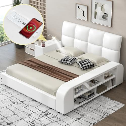 Beige Velvet Upholstered Queen Bed with Desk & Stool, No Box Spring Required