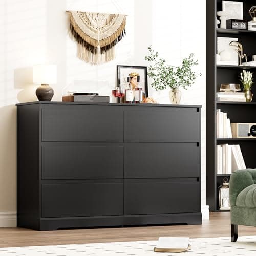 Fotosok Black Modern 6-Drawer Double Dresser, Wide Storage Cabinet