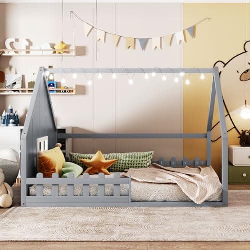 Merax Full Size Montessori Floor Bed with LED Light, Gray