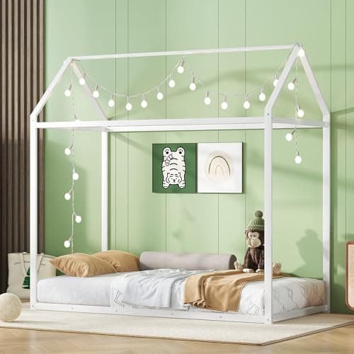 Bellemave Metal Twin Floor Bed for Kids, Black with Roof
