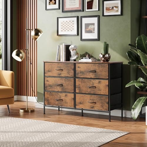 Rustic Brown Wood Grain Dresser with 6 Drawers and TV Stand for 50 TV
