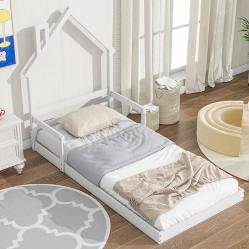 i-POOK Kids Wooden Montessori Floor Bed with House-Shaped Headboard and Handrails, White