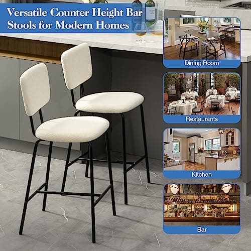 Set of 4 White Counter Height Bar Stools - Modern Upholstered Boucle Fabric Chairs
