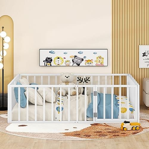 Full Size Metal Fence Bed with Door, Versatile Montessori, No Box Spring Needed, Easy Install, White