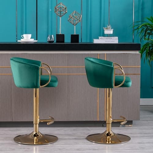 Velvet Counter Height Bar Stools Set of 2 with Chrome Footrest and Gold Base, Swivel Adjustable for Kitchen Island, Pub, Dining Room - Green