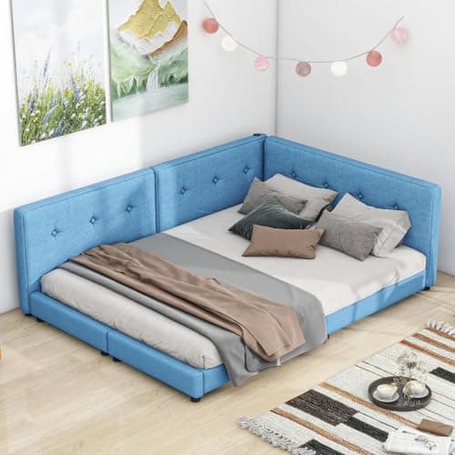 Wood Floor Bed Frame with USB Ports, Blue - Low Profile for Adults and Children up to 600 lbs.