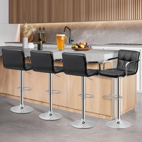 4 Pack ZENY Black PU Leather Bar Stools with Back & Arms, Modern Swivel Kitchen Dining Chair