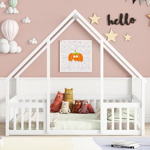 Wooden Montessori Full Floor Bed for Kids with Fence, Playhouse Play Bed - White