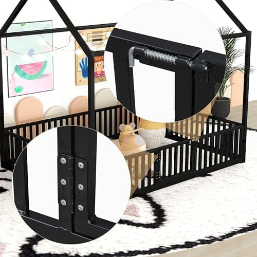 Bellemave Full-Size Metal Floor Bed with Door & Roof in White