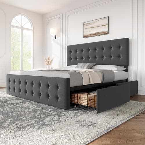 IDEALHOUSE Queen Size Linen Upholstered Bed Frame with 4 Drawers & Headboard, Dark Grey