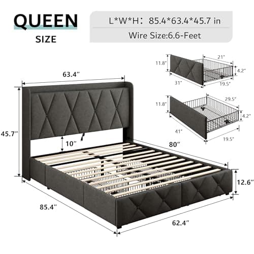 iPormis Dark Grey Queen Bed Frame with Storage & Charging Station