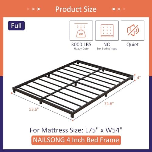 Full Size Low Profile Metal Bed Frame, No Box Spring Needed, Black