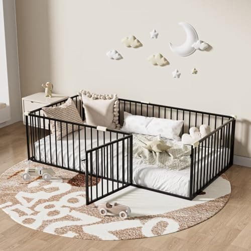 Montessori Metal Floor Bed for Kids with Door & Safety Guards, White